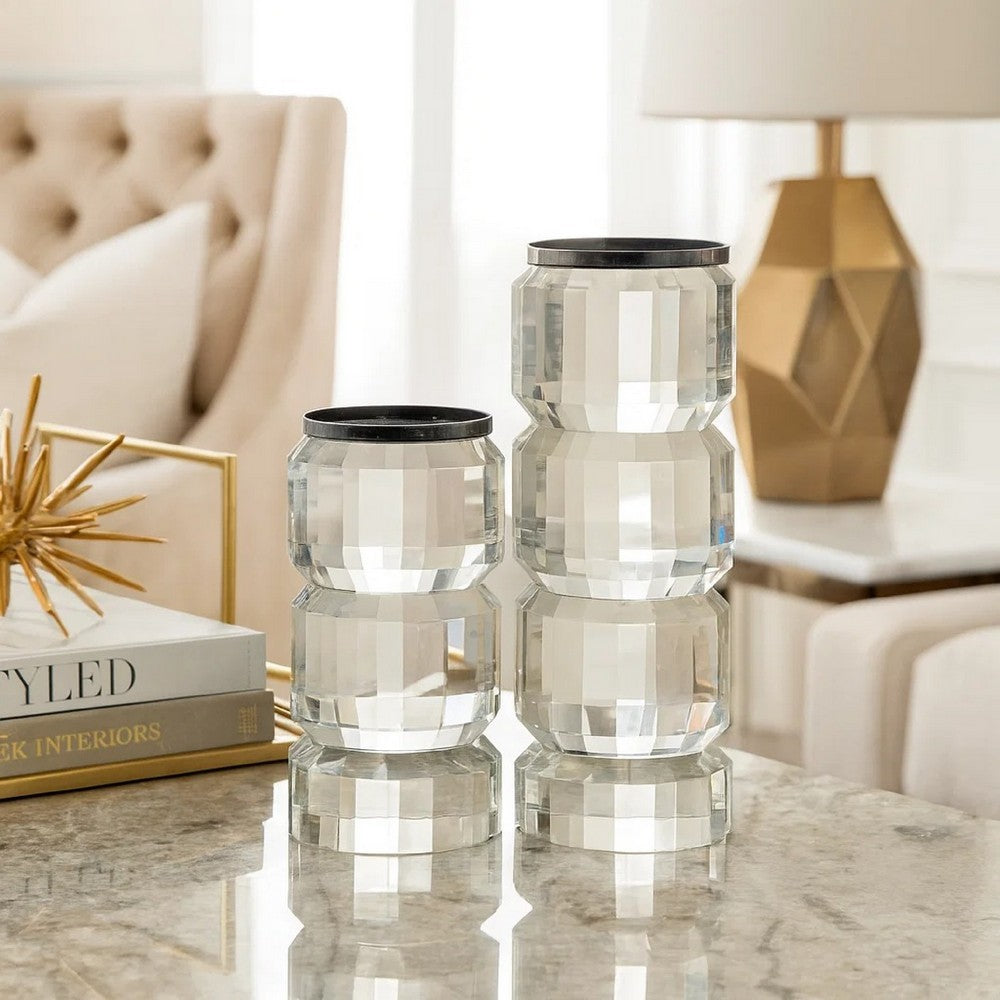 Meru Candle Holder Set of 2 | Crystal & Silver Glass Stacked Pillar