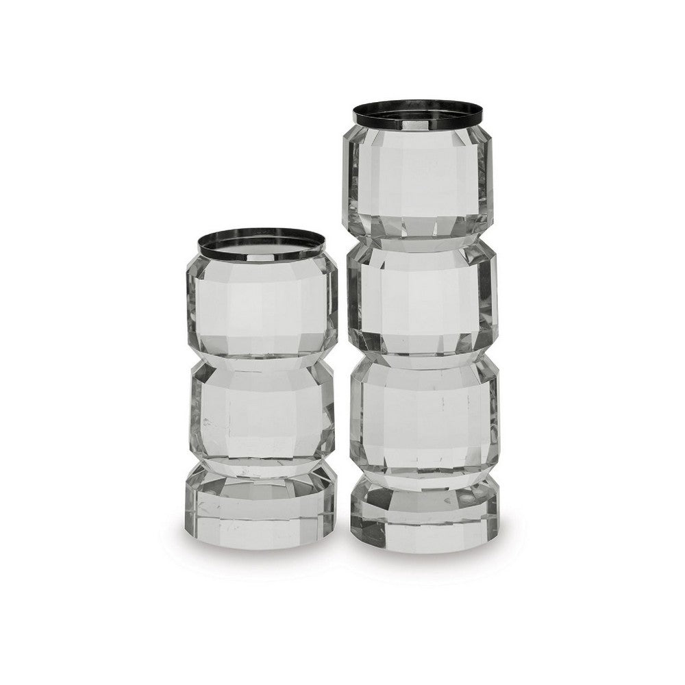 Meru Candle Holder Set of 2 | Crystal & Silver Glass Stacked Pillar
