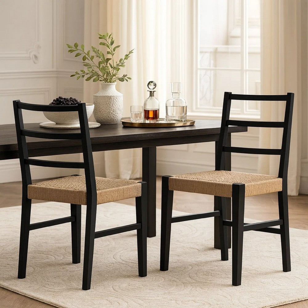 Wrenn Dining Side Chair Set of 2 | Faux Rattan Woven Seat | Black Wood