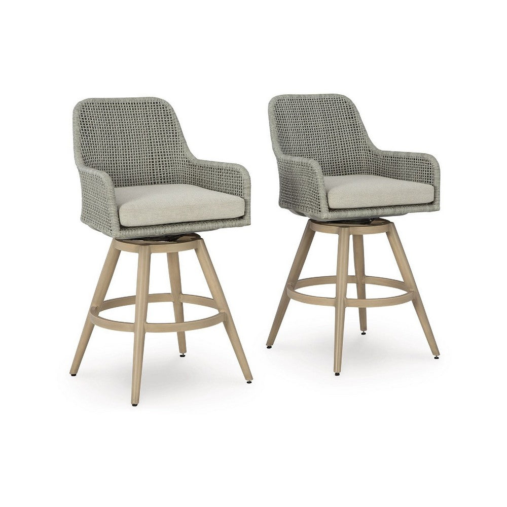 Yami Swivel Barstool Set of 2 | Gray Cushions & Wicker Woven Back