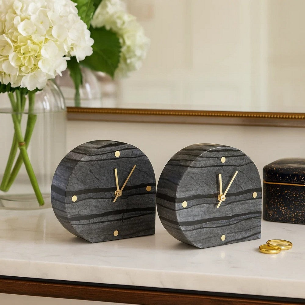 Jexy Decorative Table Clock Set of 2 | Black Gray Marble with Gold Accents