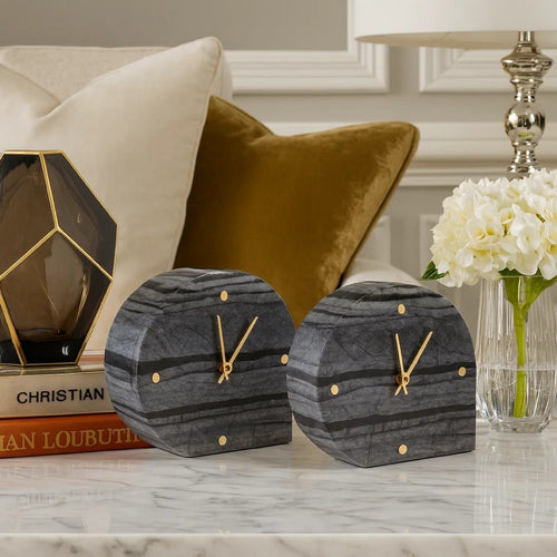 Jexy Decorative Table Clock Set of 2 | Black Gray Marble with Gold Accents