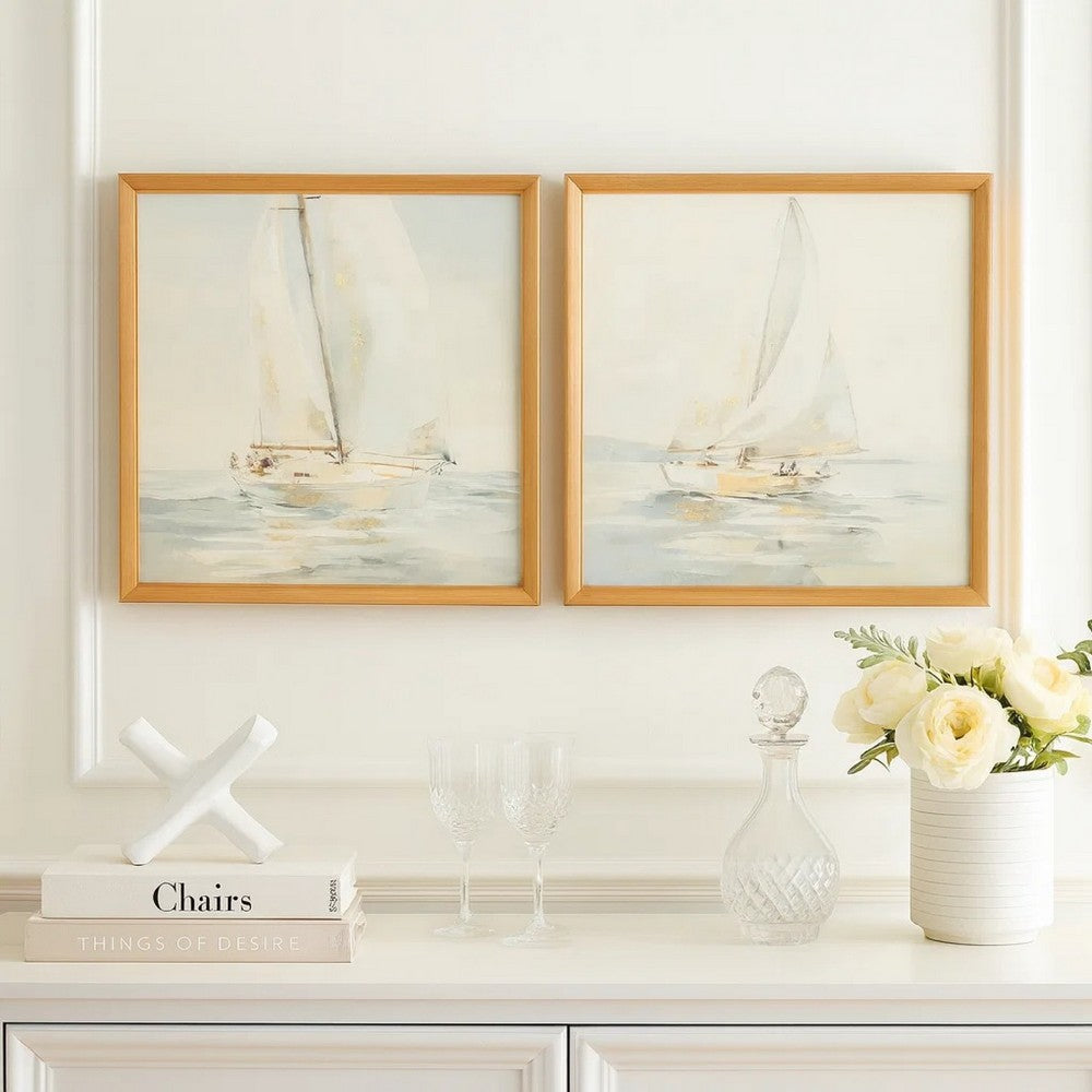 Wemo Decorative Wall Art Set of 2 | White Scenic Boat Sailing at Dawn