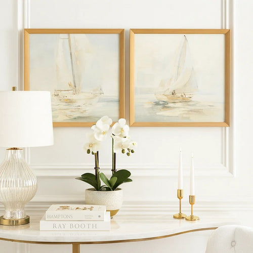 Wemo Decorative Wall Art Set of 2 | White Scenic Boat Sailing at Dawn