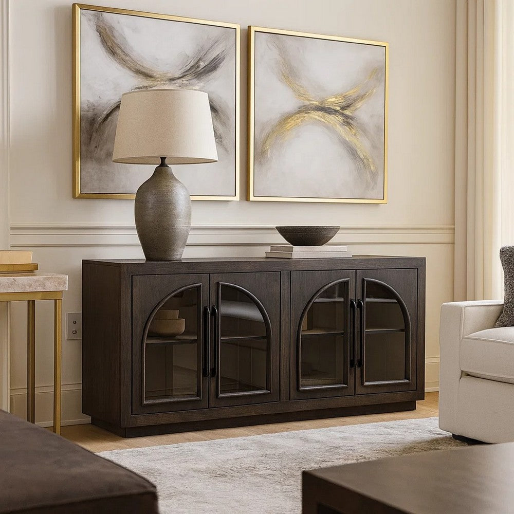 Lero Accent Sideboard Cabinet | 4 Arched Glass Doors | Dark Brown 62"