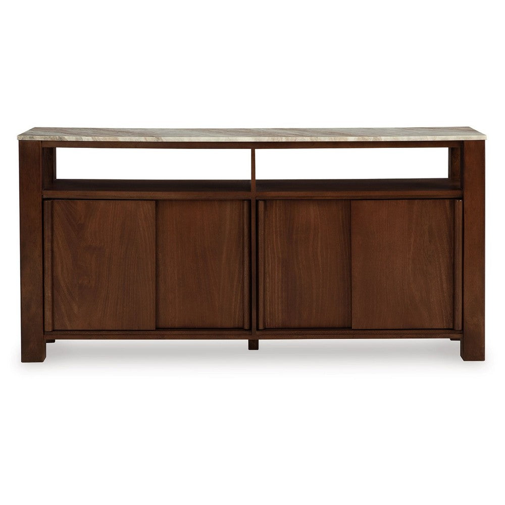 Texy Brown Accent Buffet Cabinet | 68" Taupe Marble Top | 4 Sliding Doors