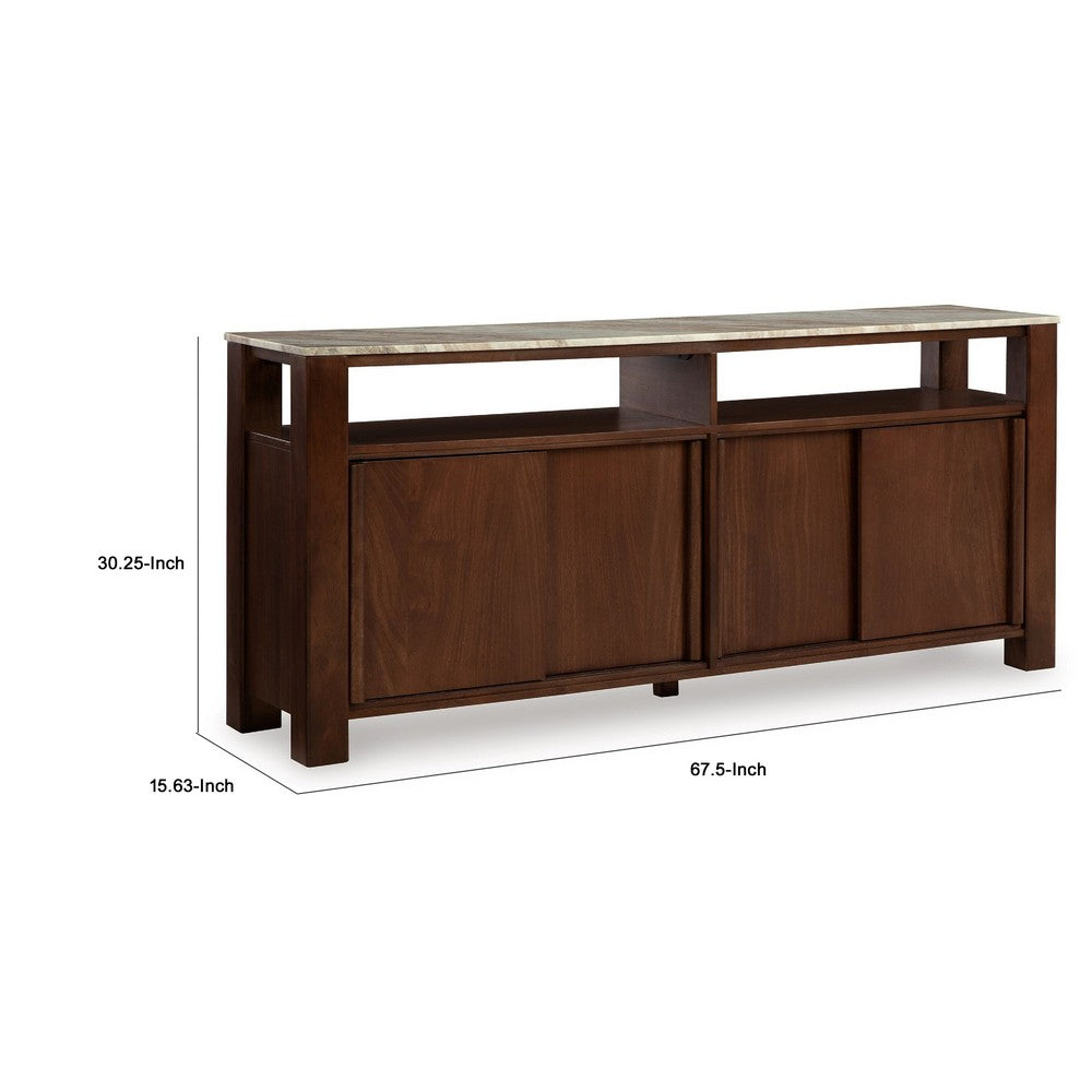 Texy Brown Accent Buffet Cabinet | 68" Taupe Marble Top | 4 Sliding Doors