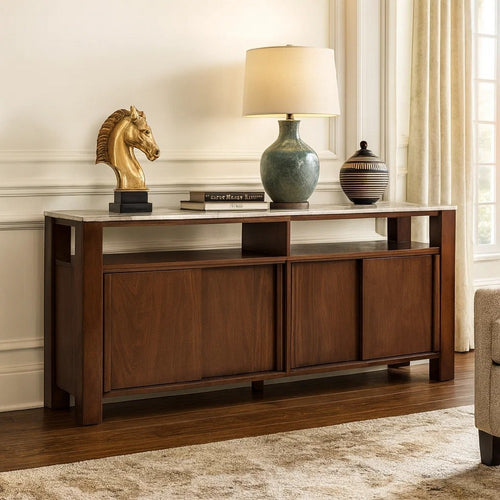 Texy Brown Accent Buffet Cabinet | 68" Taupe Marble Top | 4 Sliding Doors