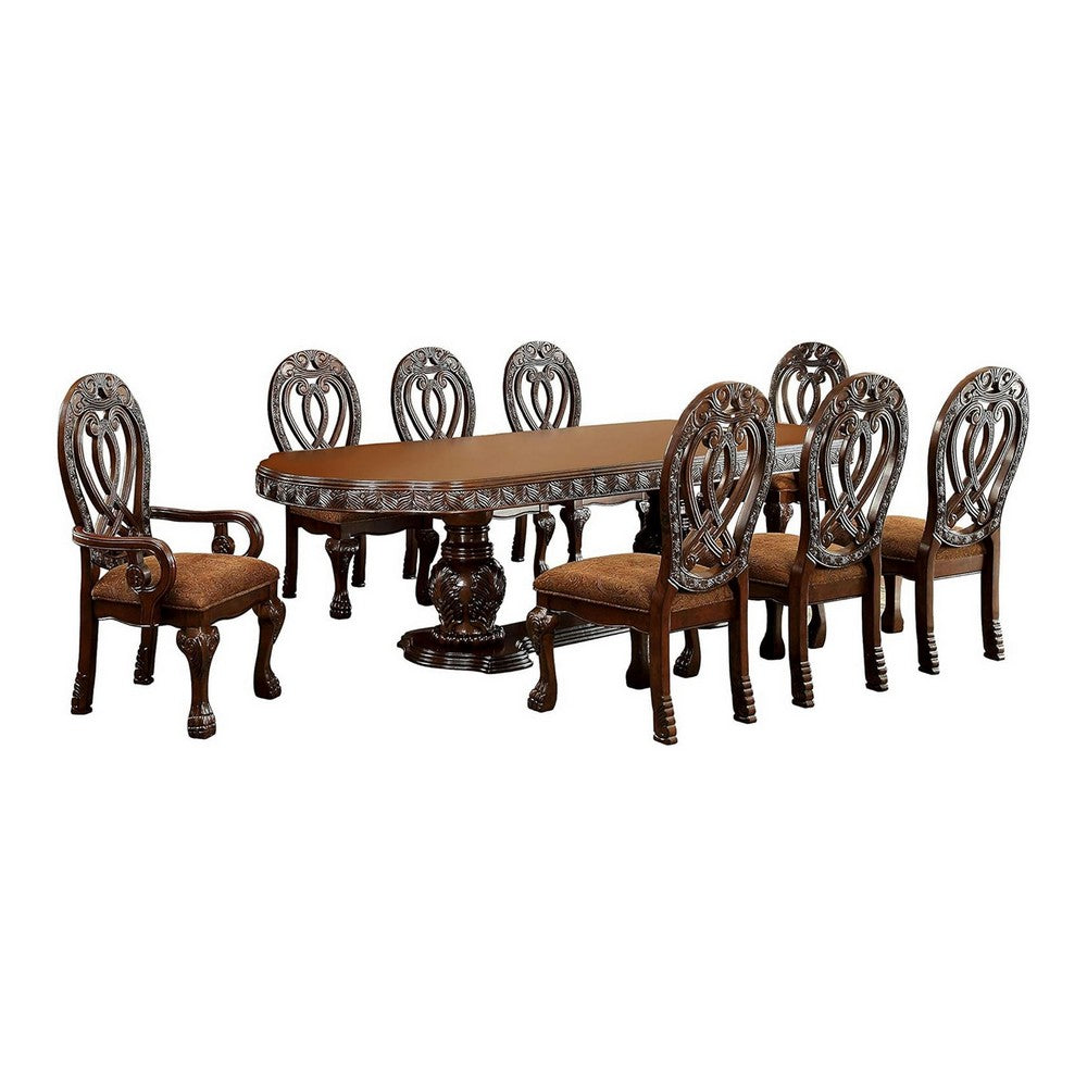 Faya 9pc Dining Set | 76-112" Table 8 Chair | Cherry Brown Solid Wood