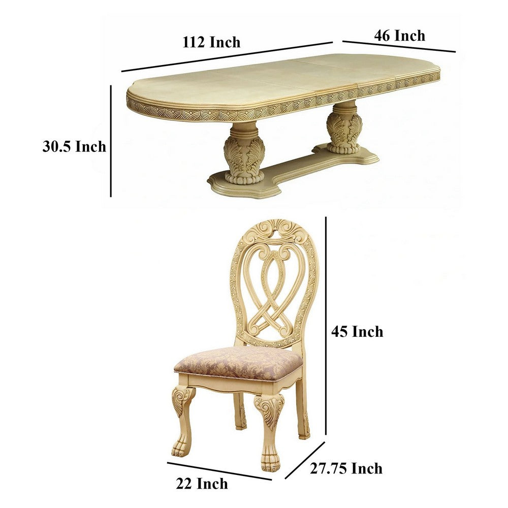 Faya 7pc Dining Set | 76-112" Table 6 Chair | Vintage White Solid Wood