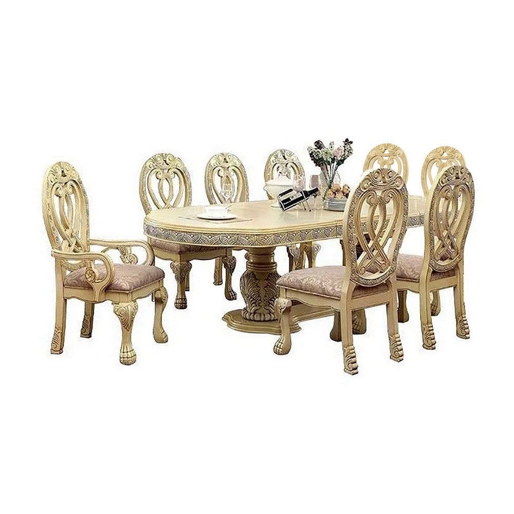 Faya 9pc Dining Set | 76-112" Table 8 Chair | Vintage White Solid Wood