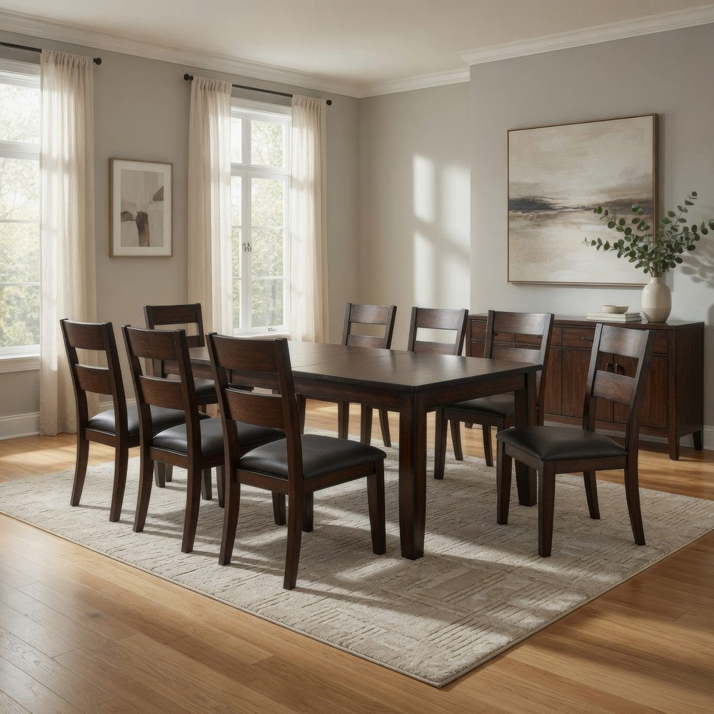 Dicky 9pc Dining Set | 60-78" Table | 8 Chair Faux Leather Cherry Wood