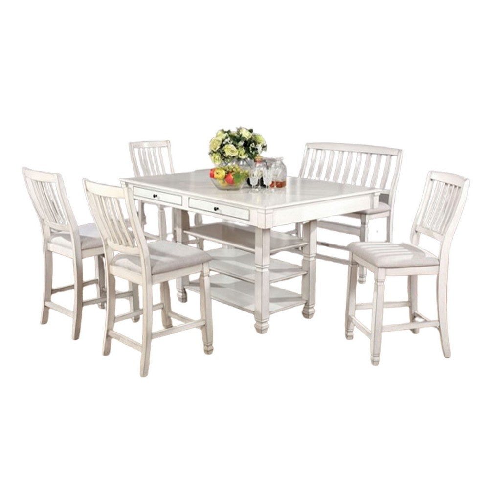 Lyasa 6pc Dining Table Set with Bench and 4 Chair | White Solid Wood