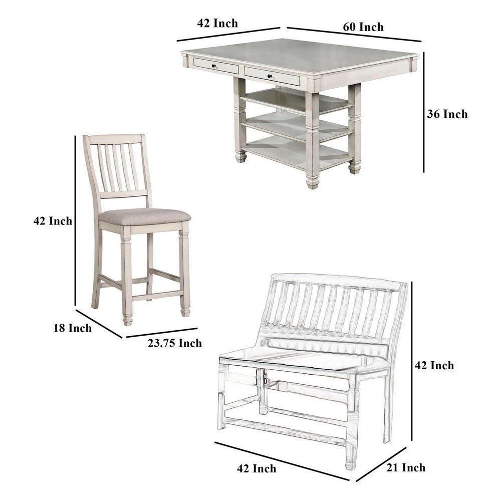 Lyasa 6pc Dining Table Set with Bench and 4 Chair | White Solid Wood
