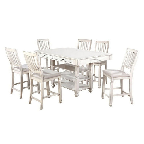 Lyasa 7pc Dining Table Set with 6 Fabric Chairs | White Solid Wood