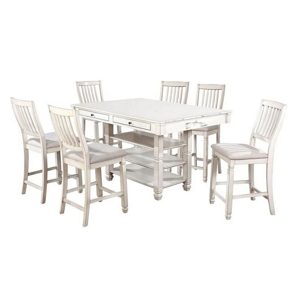 Lyasa 7pc Dining Table Set with 6 Fabric Chairs | White Solid Wood