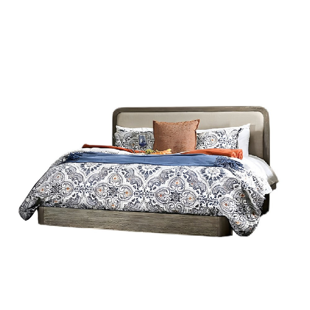 Winie Queen Size Bed | Beige Upholstered | Platform | Brown Solid Wood