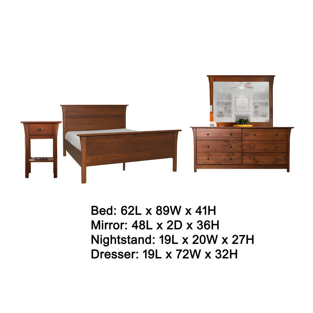 Erie 4pc Queen Bed Set | Nightstand Mirror Dresser | Cherry Brown Wood