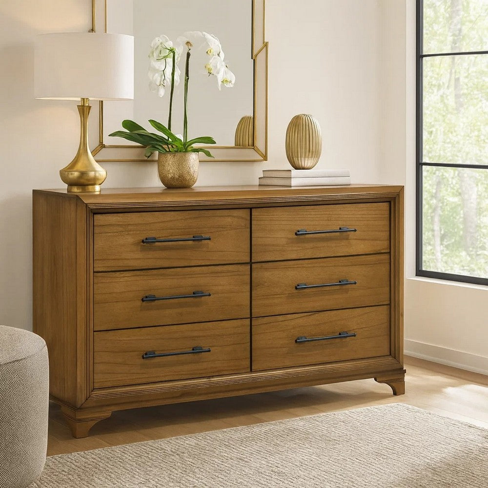 Tey Wide Dresser | 6 Spacious Drawers | Honey Brown Rubberwood