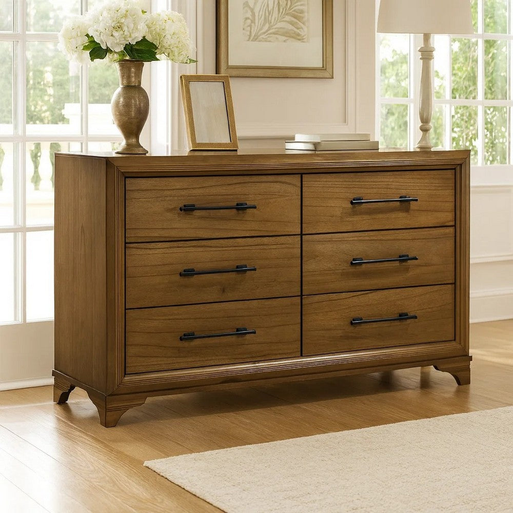 Tey Wide Dresser | 6 Spacious Drawers | Honey Brown Rubberwood