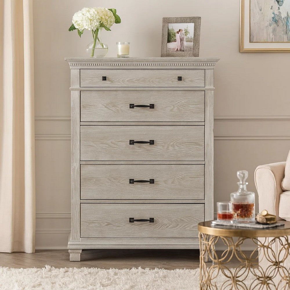 Avy Tall Dresser Chest | Light Mist Gray Pine Wood | 5 Spacious Drawers