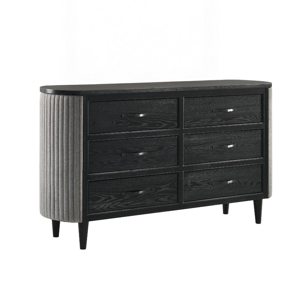 Sevy Wide Dresser w Retro Fabric | Black & Gray | 6 Drawers