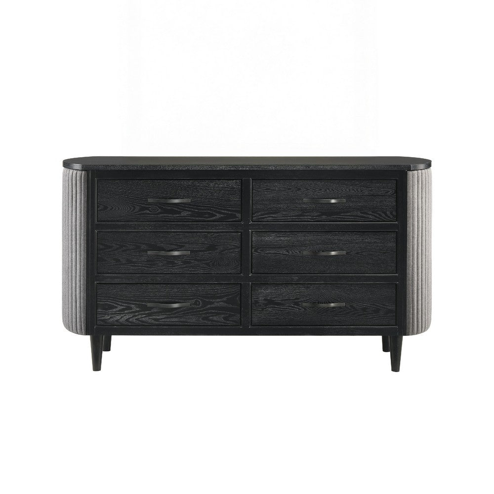 Sevy Wide Dresser w Retro Fabric | Black & Gray | 6 Drawers
