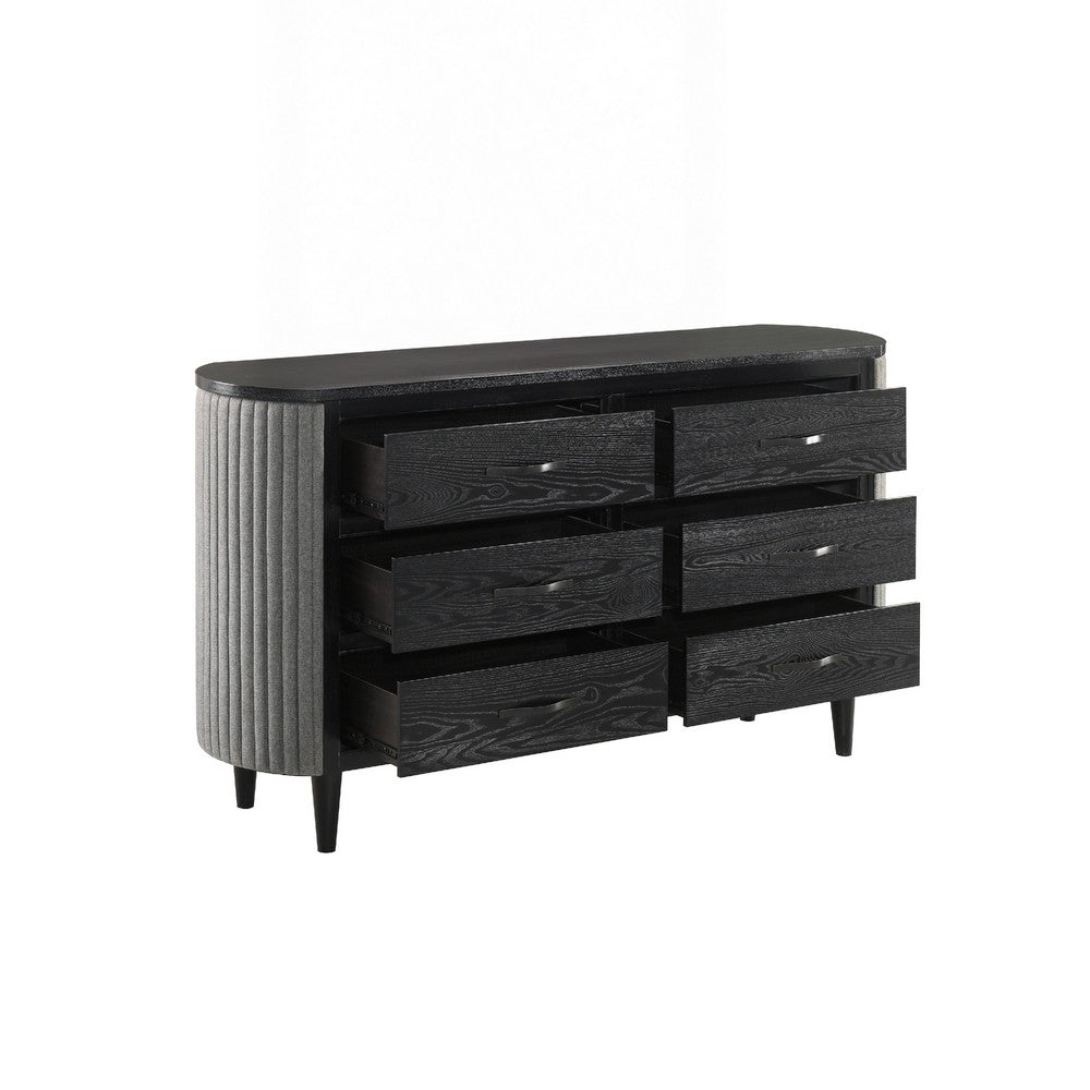 Sevy Wide Dresser w Retro Fabric | Black & Gray | 6 Drawers