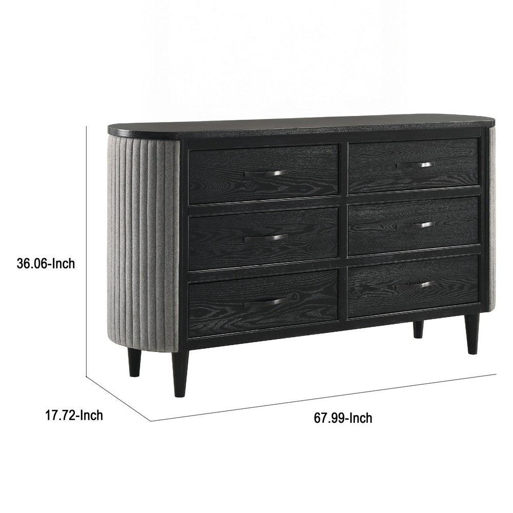 Sevy Wide Dresser w Retro Fabric | Black & Gray | 6 Drawers