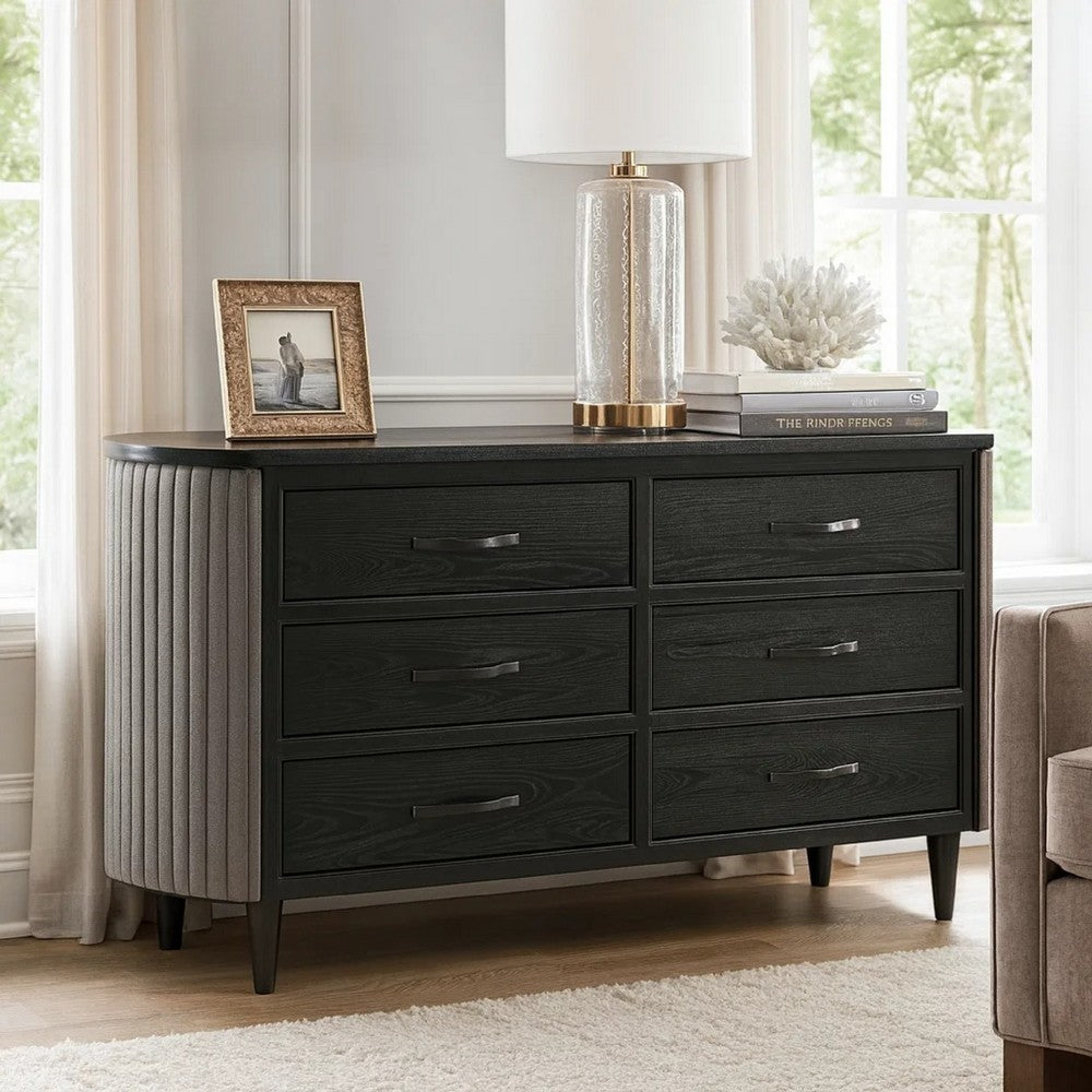 Sevy Wide Dresser w Retro Fabric | Black & Gray | 6 Drawers