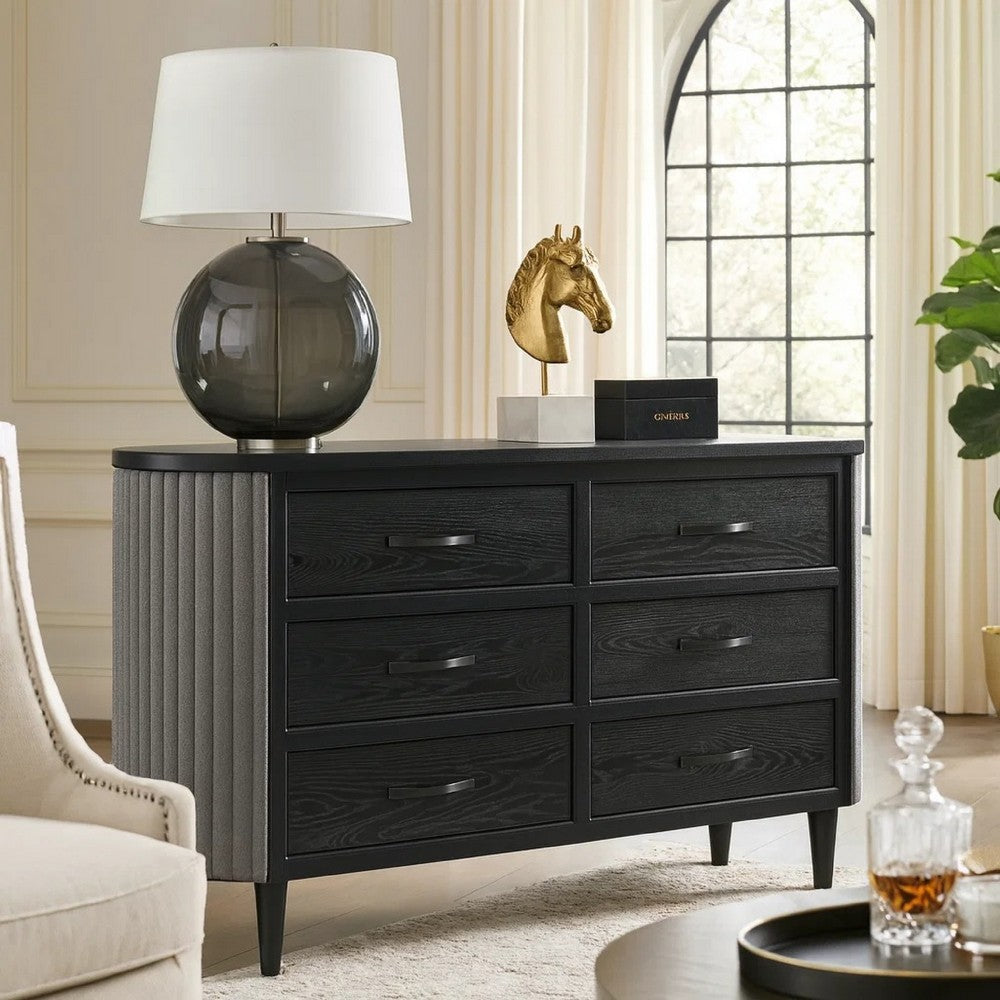 Sevy Wide Dresser w Retro Fabric | Black & Gray | 6 Drawers