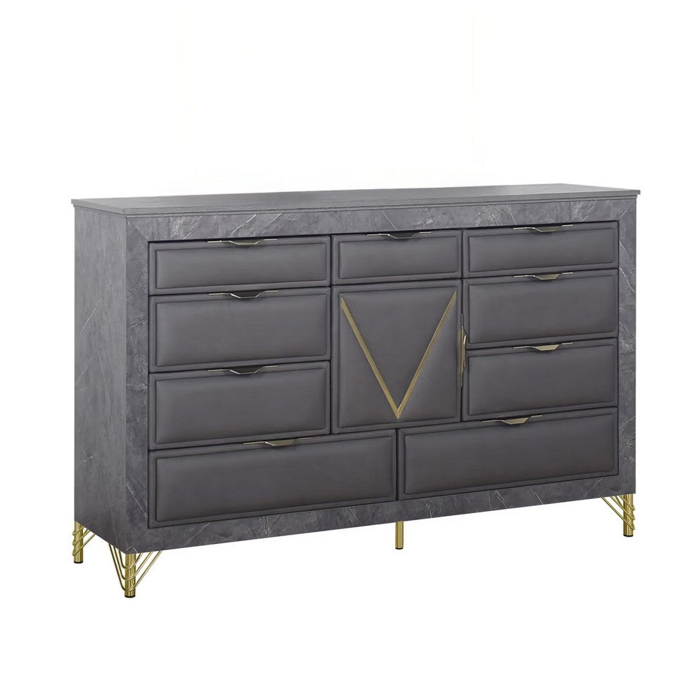 Semy Wide Dresser | 10 Drawers | 1 Cabinet | Charcoal Gray Wood | Gold