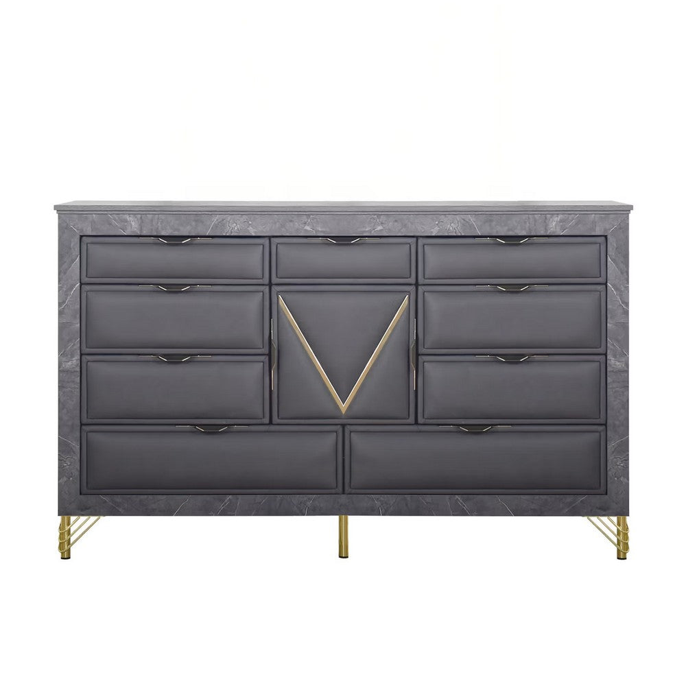 Semy Wide Dresser | 10 Drawers | 1 Cabinet | Charcoal Gray Wood | Gold