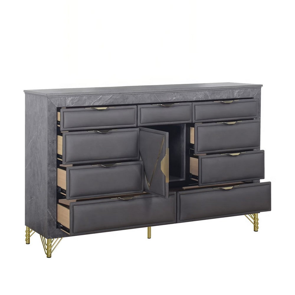 Semy Wide Dresser | 10 Drawers | 1 Cabinet | Charcoal Gray Wood | Gold