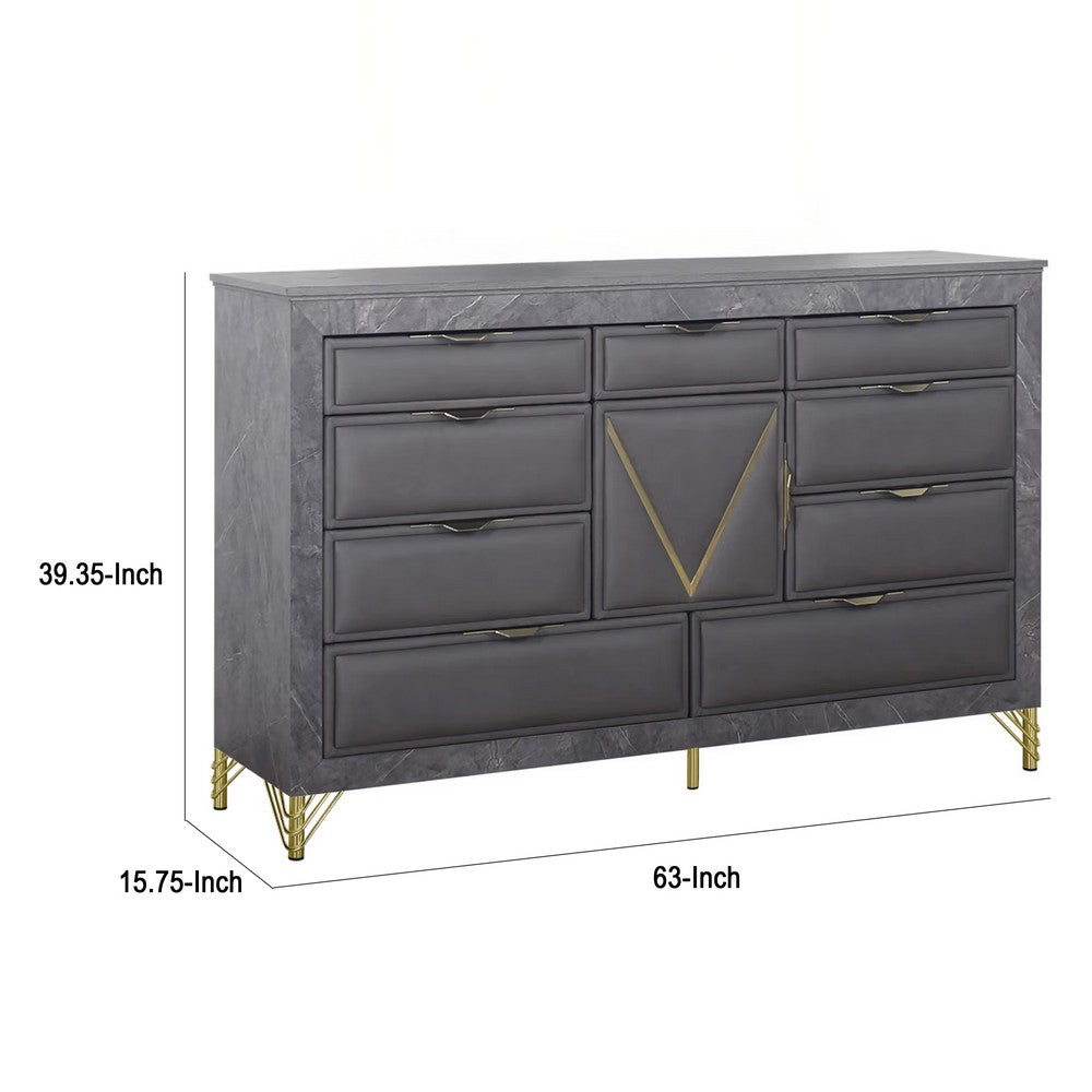 Semy Wide Dresser | 10 Drawers | 1 Cabinet | Charcoal Gray Wood | Gold