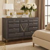 Semy Wide Dresser | 10 Drawers | 1 Cabinet | Charcoal Gray Wood | Gold