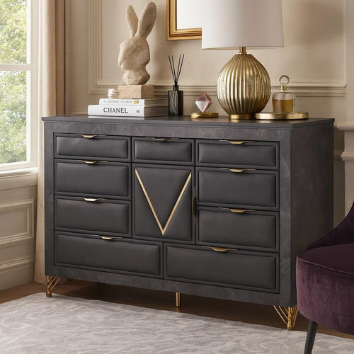 Semy Wide Dresser | 10 Drawers | 1 Cabinet | Charcoal Gray Wood | Gold