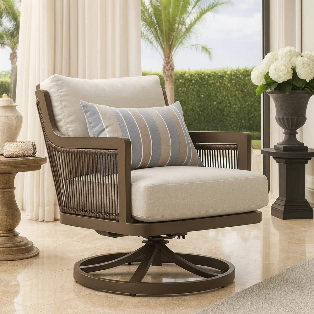 Geny Swivel Patio Chair Set of 2 | Pillow | Gray Sundura | Brown Wicker