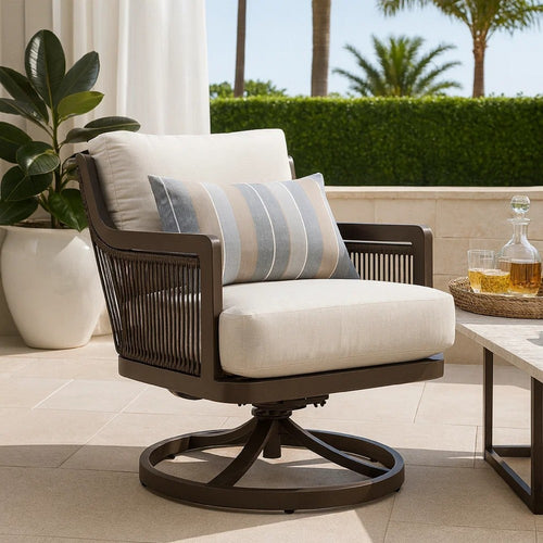 Geny Swivel Patio Chair Set of 2 | Pillow | Gray Sundura | Brown Wicker