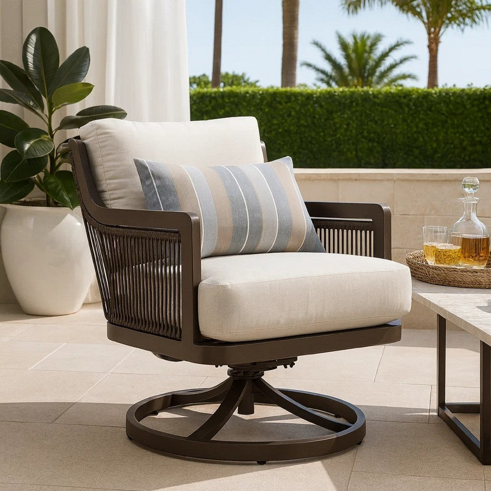 Geny Swivel Patio Chair Set of 2 | Pillow | Gray Sundura | Brown Wicker