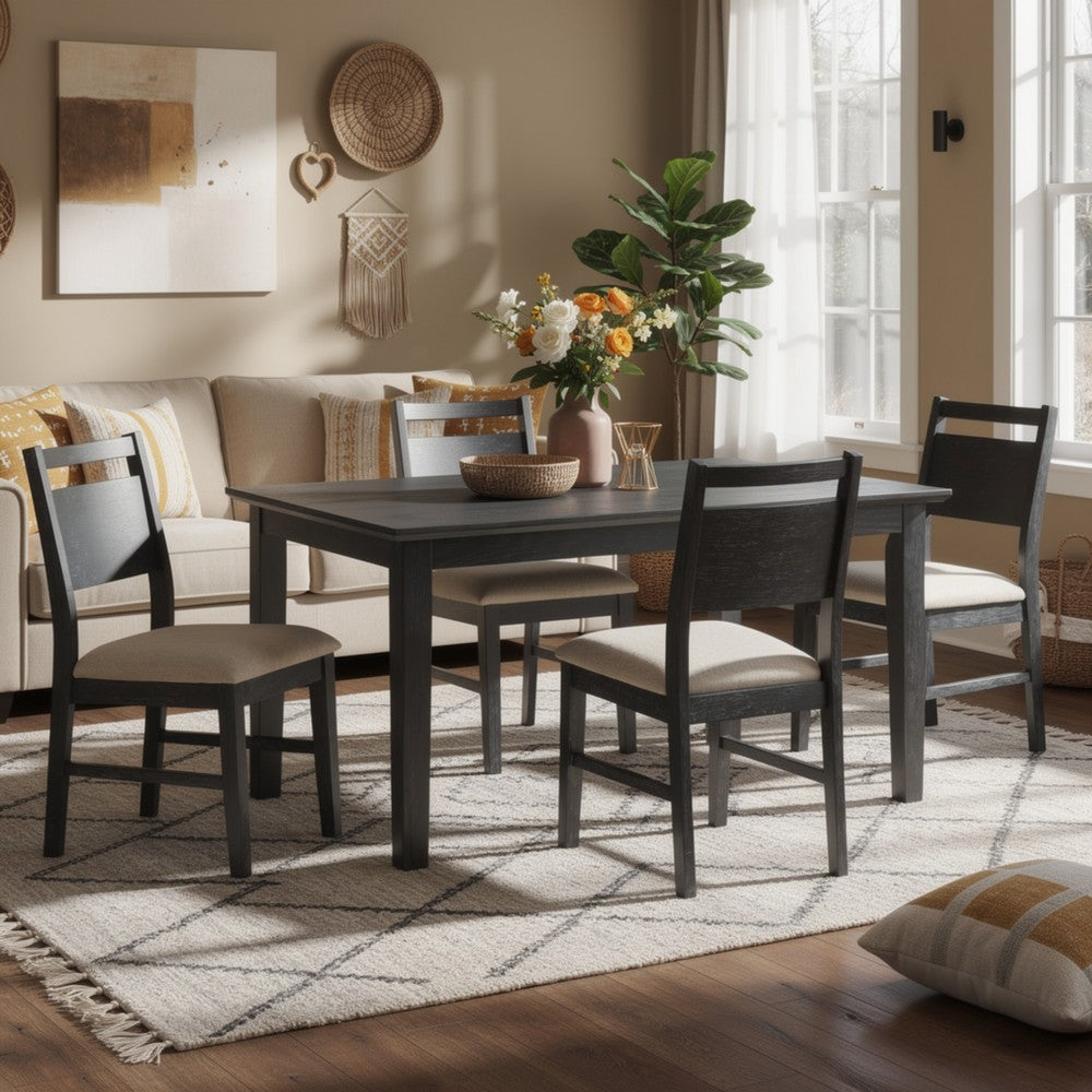 Saby 5pc Dining Table Set | 4 Side Chairs | Black Rubberwood | Light Brown