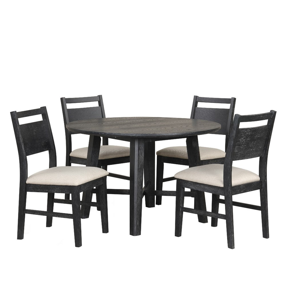 Saby 5pc Round Dining Table Set | 4 Side Chairs | Black Wood | Light Brown