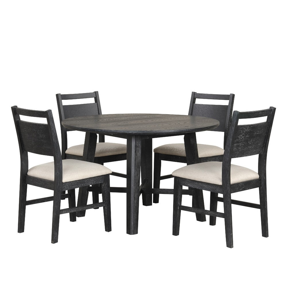 Saby 5pc Round Dining Table Set | 4 Side Chairs | Black Wood | Light Brown