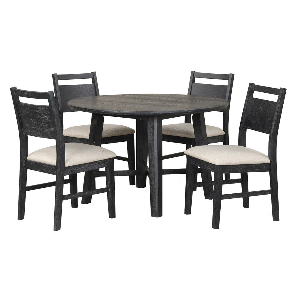 Saby 5pc Round Dining Table Set | 4 Side Chairs | Black Wood | Light Brown