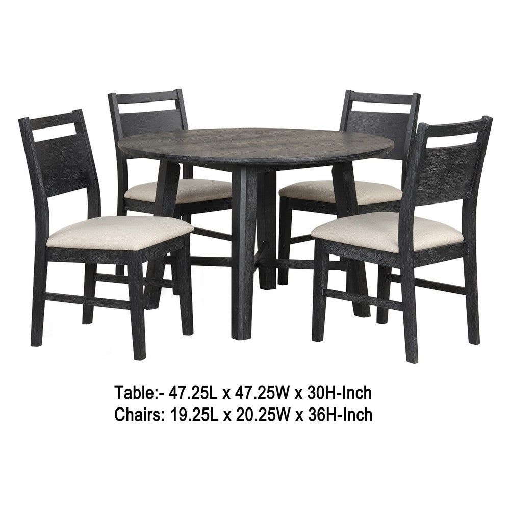 Saby 5pc Round Dining Table Set | 4 Side Chairs | Black Wood | Light Brown