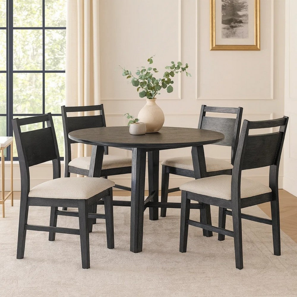 Saby 5pc Round Dining Table Set | 4 Side Chairs | Black Wood | Light Brown