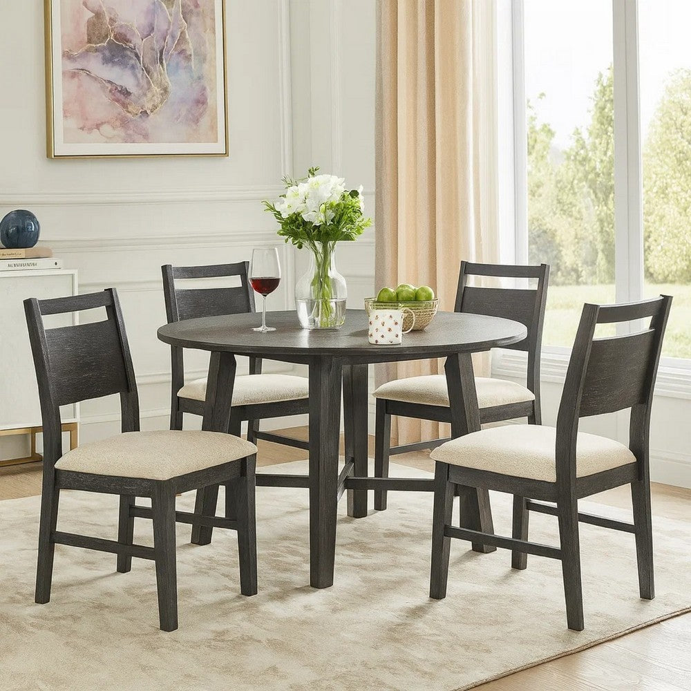 Saby 5pc Round Dining Table Set | 4 Side Chairs | Black Wood | Light Brown