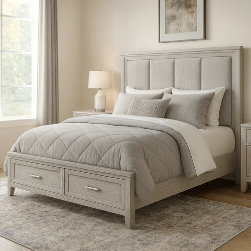 Ion Queen Bed | Storage Footboard | Picture Frame Moldings | Gray Wood