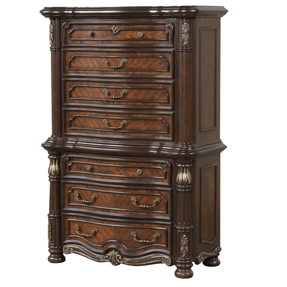 Ruth Tall Dresser Chest w Burl Inlays | 7 Drawers | Mahogany Brown Wood