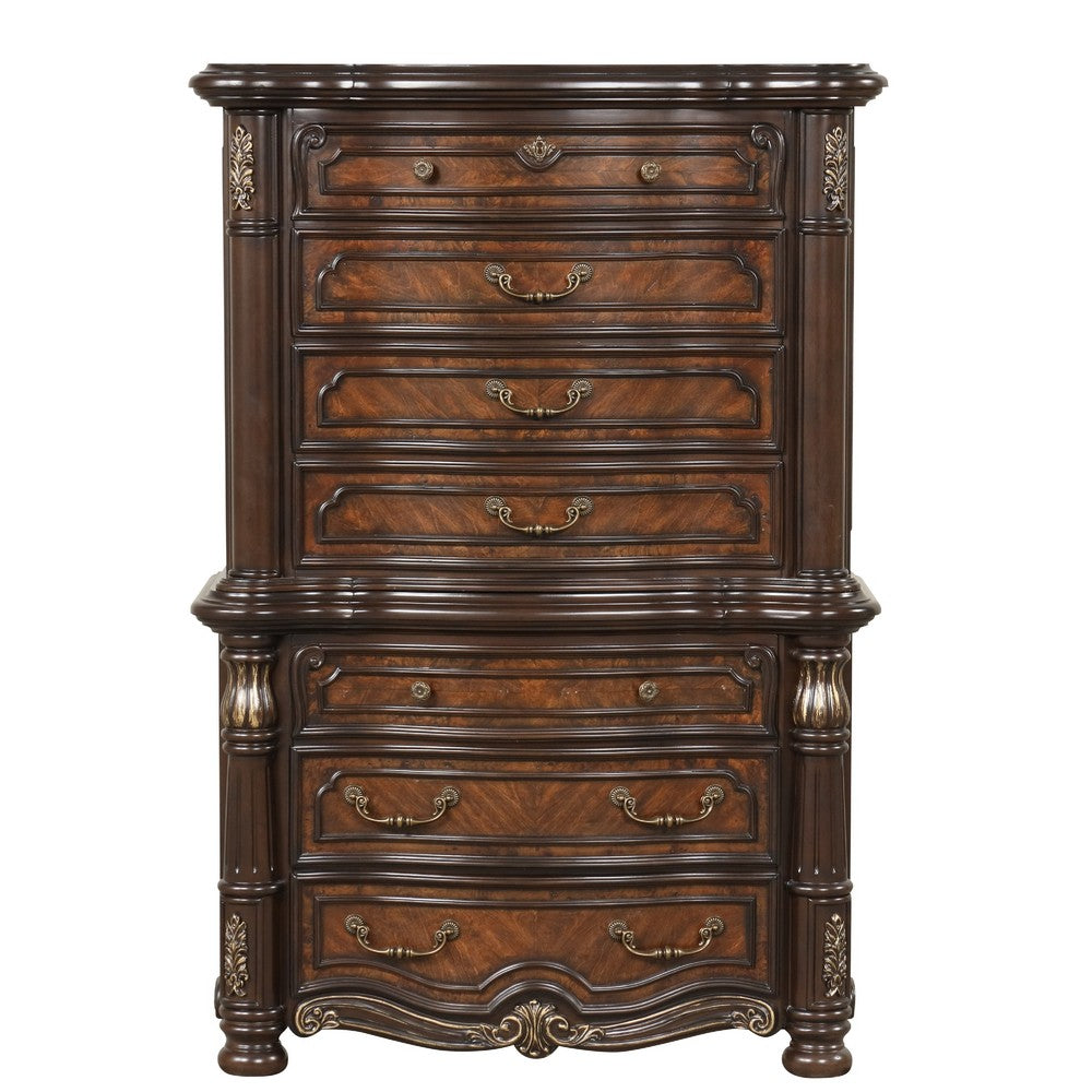 Ruth Tall Dresser Chest w Burl Inlays | 7 Drawers | Mahogany Brown Wood